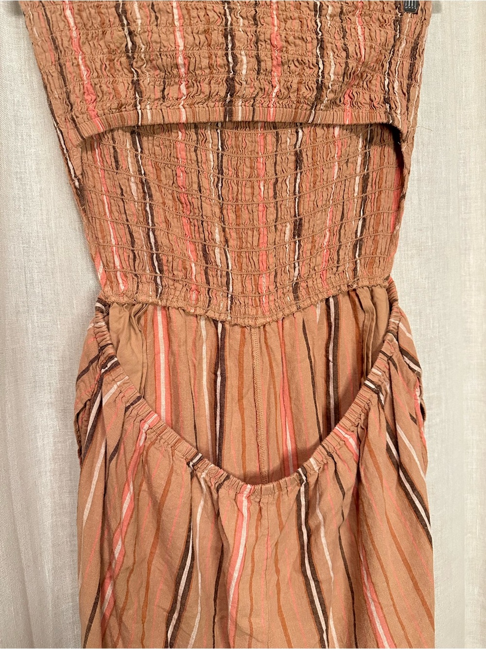 aerie XL Boho Strapless Smocked Wide-Leg Striped Linen Blend Jumpsuit Vacation - Picture 7 of 10